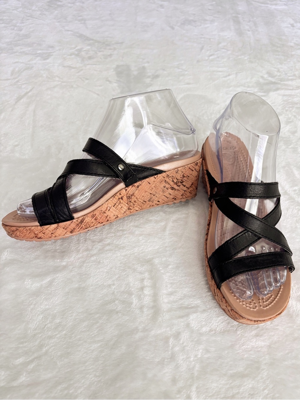 CROCS A-Leigh Black Leather Strappy Cork Platform Wedge Slip On Sandal--EUC--6